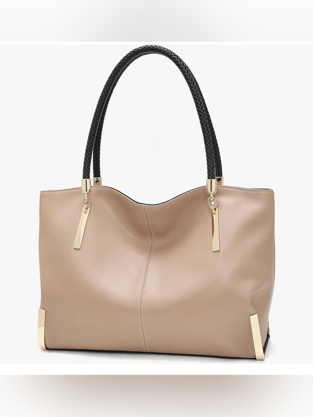 Structured Tan and Gold Tote with Black Braided Handles, Work-Laptop-Travel